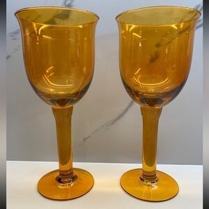 Large Retro Orange Glass Balloon Wine Goblet Duo Stemware Boho MCM Vintage 9.25"